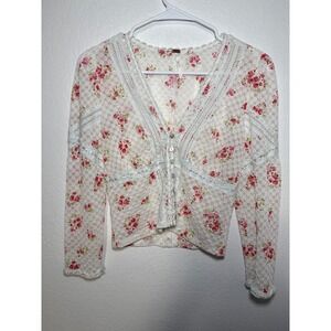 Free People White Floral Lace Trim V Neck Long Sleeve